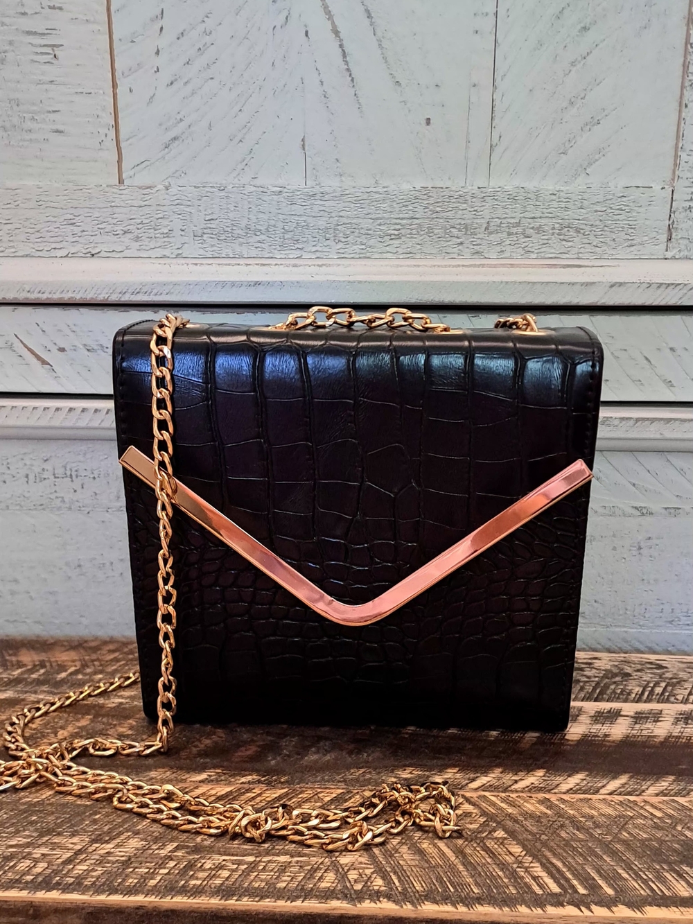Madden Girl Black Croc-Embossed Crossbody with Rose Gold Double Chain Accent